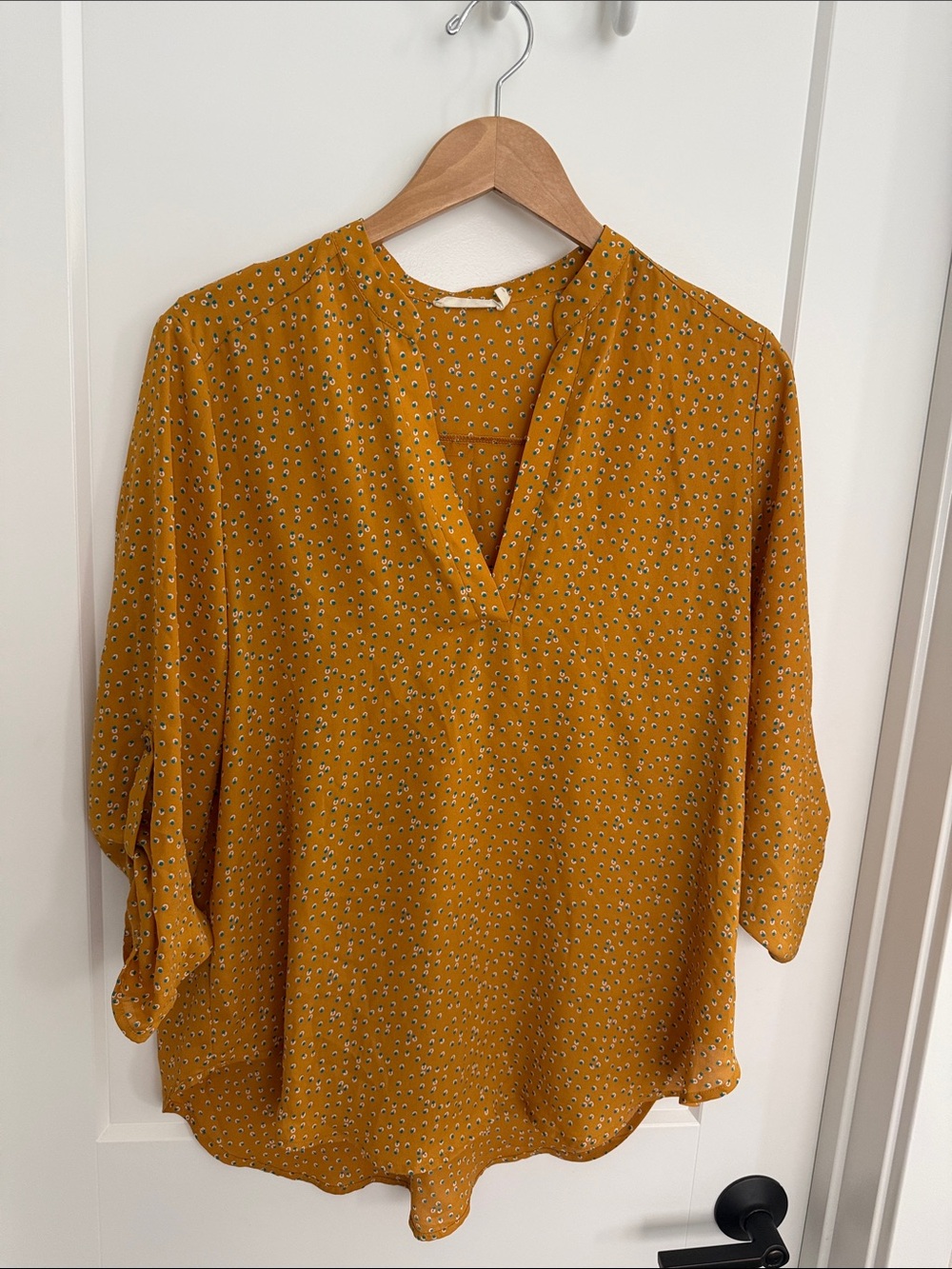 Lush Mustard V-Neck Blouse with Mini Dot Motif